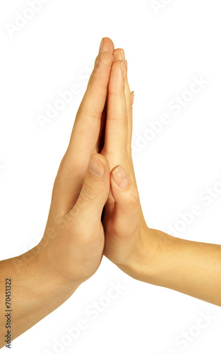 Hands of woman and man over white background