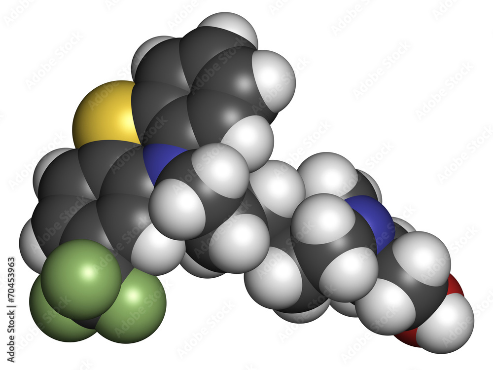 Fluphenazine antipsychotic drug molecule. Fluphenazine antipsychotic drug molecule.