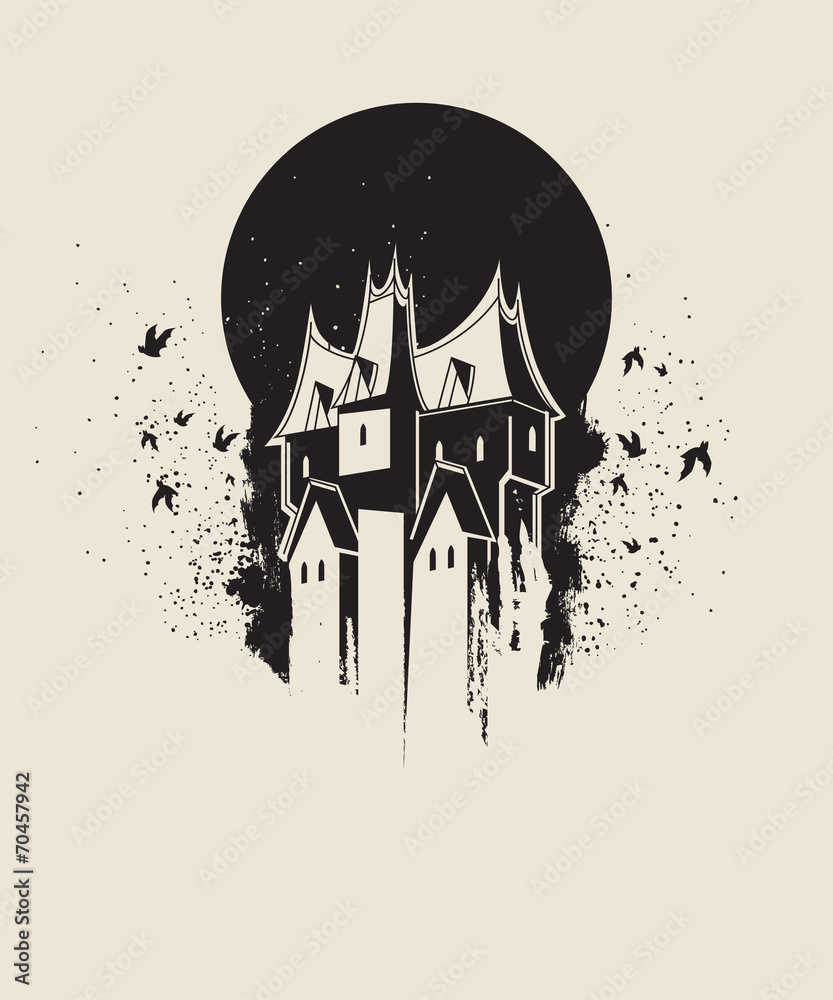 Dark gothic house against black moon - obrazy, fototapety, plakaty 
