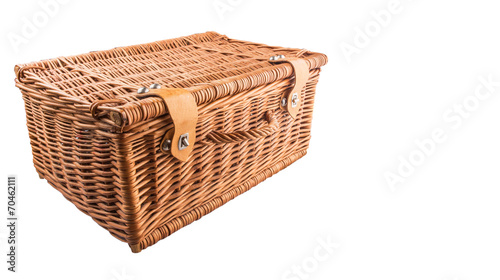 Handmade wicker picnic basket over white background