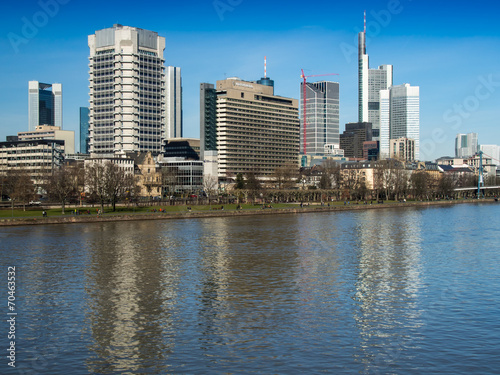 Skyline of business buildings at the river Main  Frankfurt  Germ
