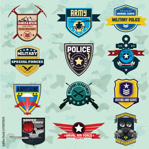 Set of military and armed forces badges and labels logo. Vector