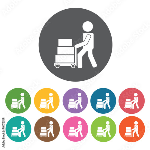 Delivery man pushing cart with packages icon. Delivery man shipp photo