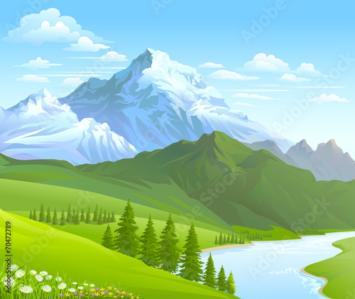 SNOW  MOUNTAIN AND RIVER FLOWING IN A VALLEY