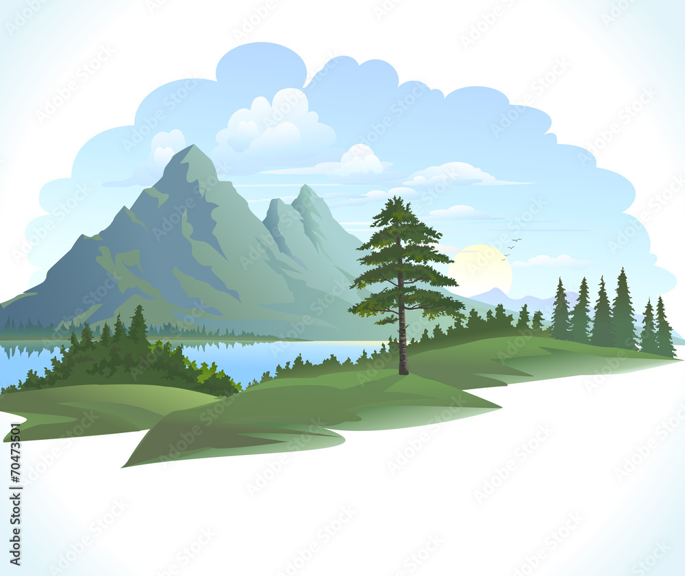 Fototapeta premium VECTOR MOUNTAINS WITH GREEN FIELDS