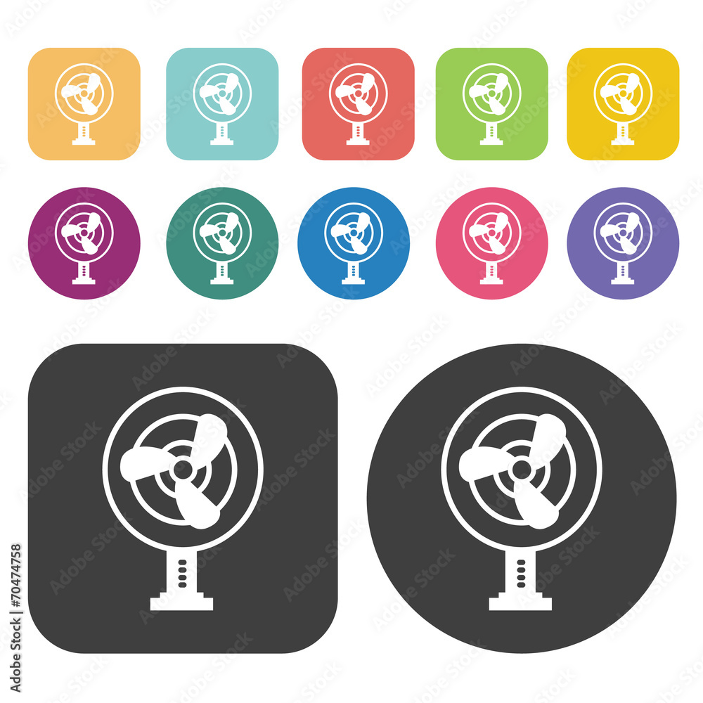 Desktop fan with three blades icon. Fan icon set. Round and rect