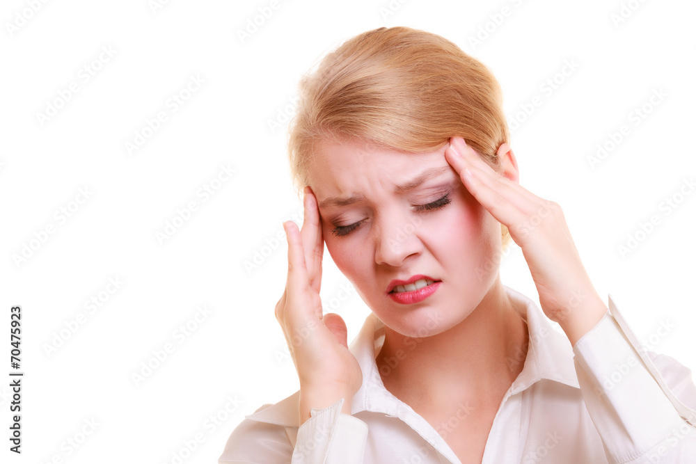 Headache. Woman suffering from head pain isolated. Headache. Woman suffering from head pain isolated.