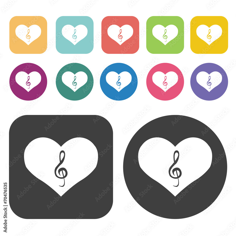 Heart with G clef icon. Heart icon set. Round and rectangle colo Heart with G clef icon. Heart icon set. Round and rectangle colo