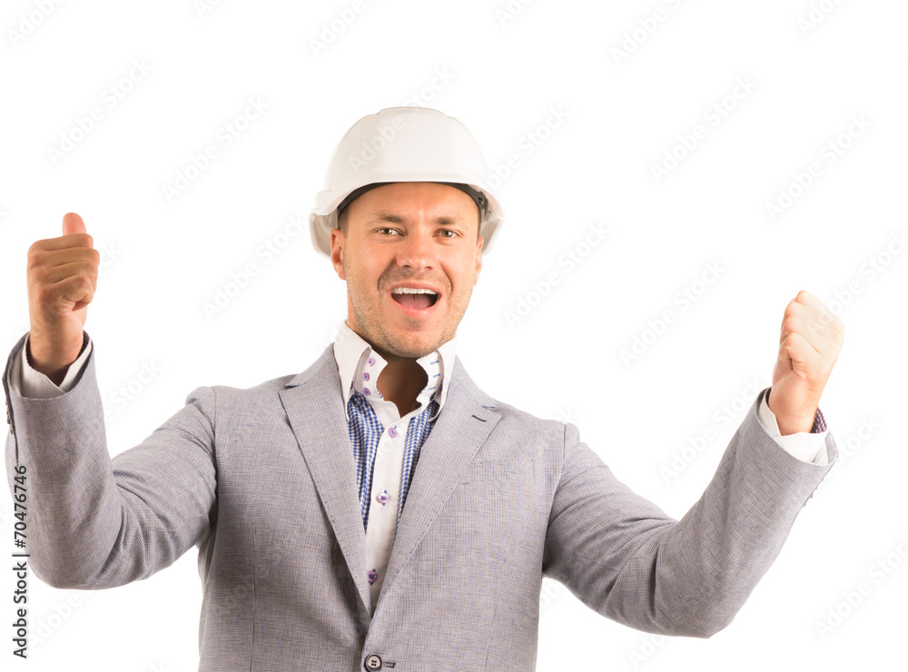 Enthusiastic engineer showing thumbs up on white