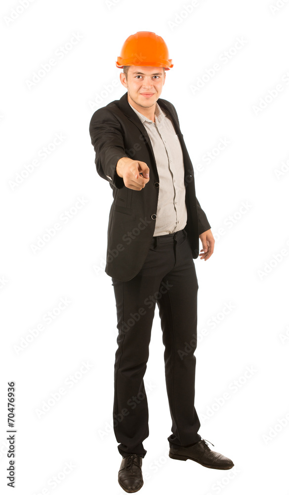 Young Male Engineer Pointing and Looking at Camera Young Male Engineer Pointing and Looking at Camera