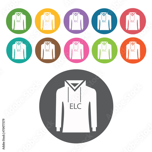 Hoodie icon. Mens clothes icons set. Round colourful 12 buttons.