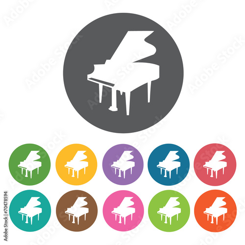 Piano icon. Music equipment icon set. Round colourful 12 buttons