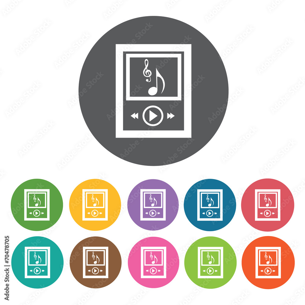 Mp3 player playing music icon. Music equipment icon set. Round c Mp3 player playing music icon. Music equipment icon set. Round c