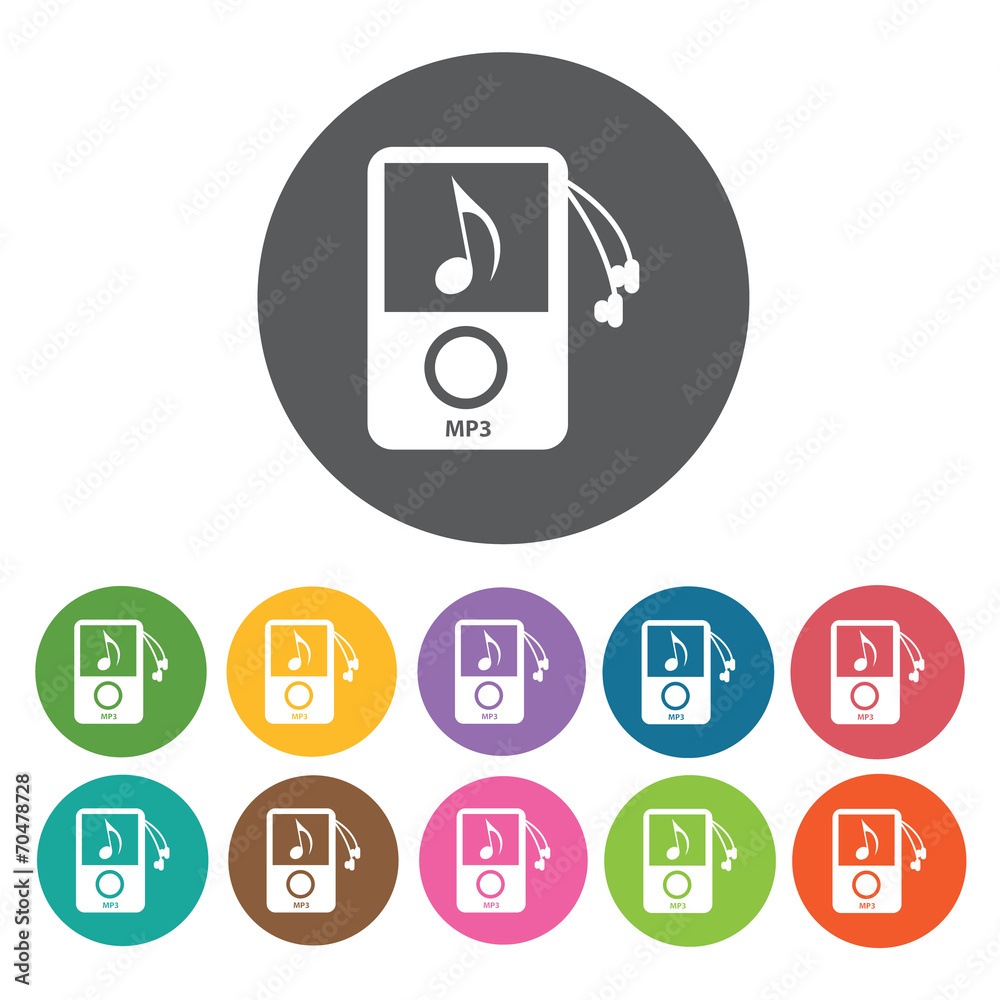 Mp3 player with earphones icon. Music equipment icon set. Round Mp3 player with earphones icon. Music equipment icon set. Round