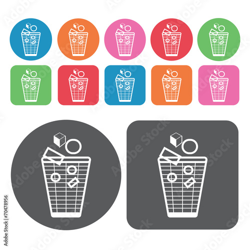 Wire waste bin with garbage icon. Trash can icons set. Round and