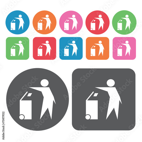 Person throwing garbage on trashcan with wheels icon. Trash can
