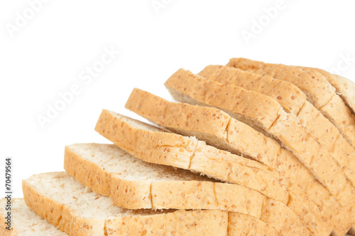 The cut loaf of bread on white background.