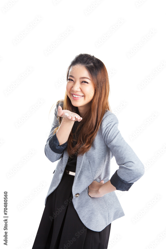 attractive businesswoman presenting something on the palm of her attractive businesswoman presenting something on the palm of her