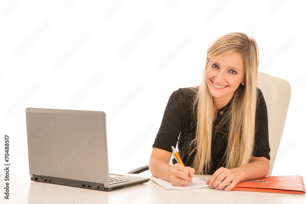 Blond Smiling Woman with Laptop Working at Desk Blond Smiling Woman with Laptop Working at Desk