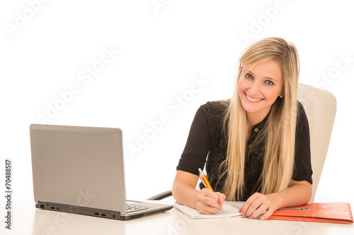 Blond Smiling Woman with Laptop Working at Desk