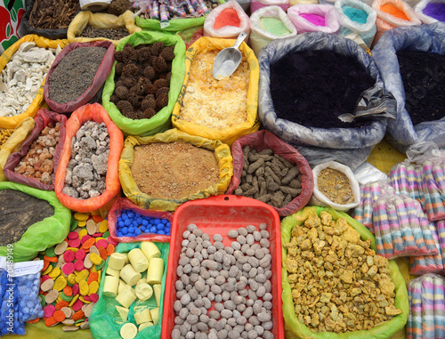 Herbs, potions and powders. Market in Pukara, Puno, Peru photo
