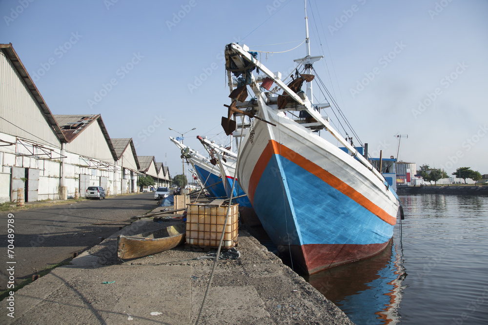 Attractive blue colorful fishing boats in Indonesia