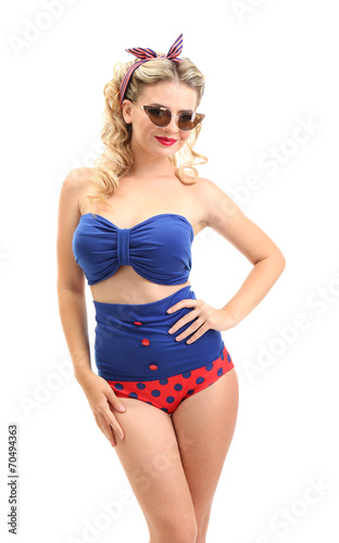 Beautiful girl with pretty smile in pinup style, isolated