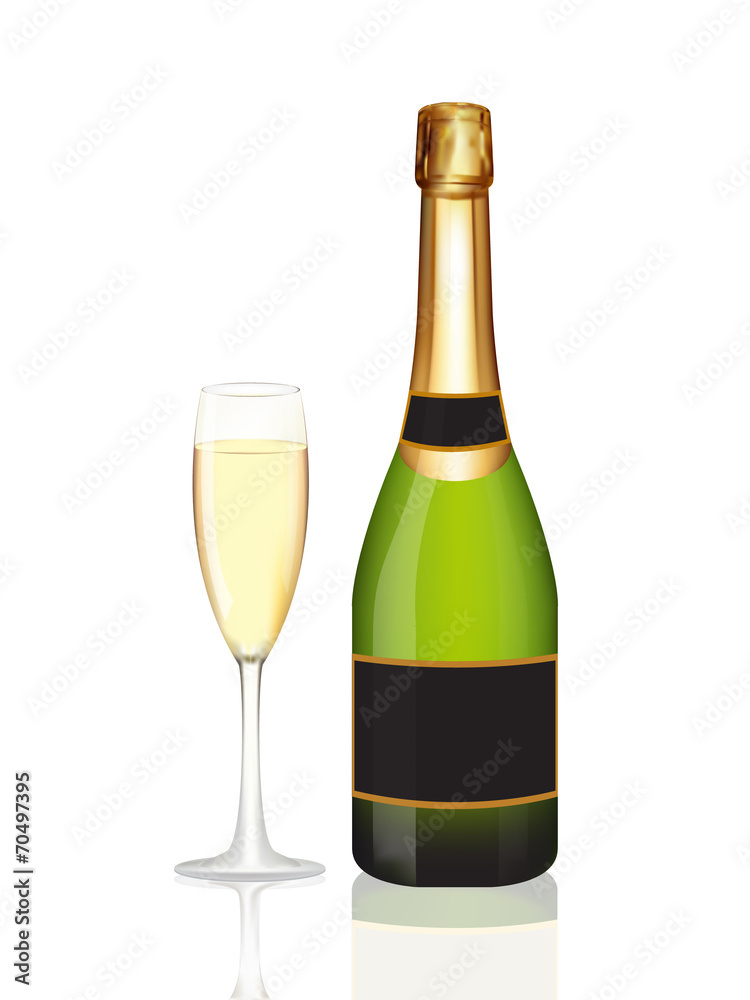 Champagne bottle and champagne glass on white Champagne bottle and champagne glass on white