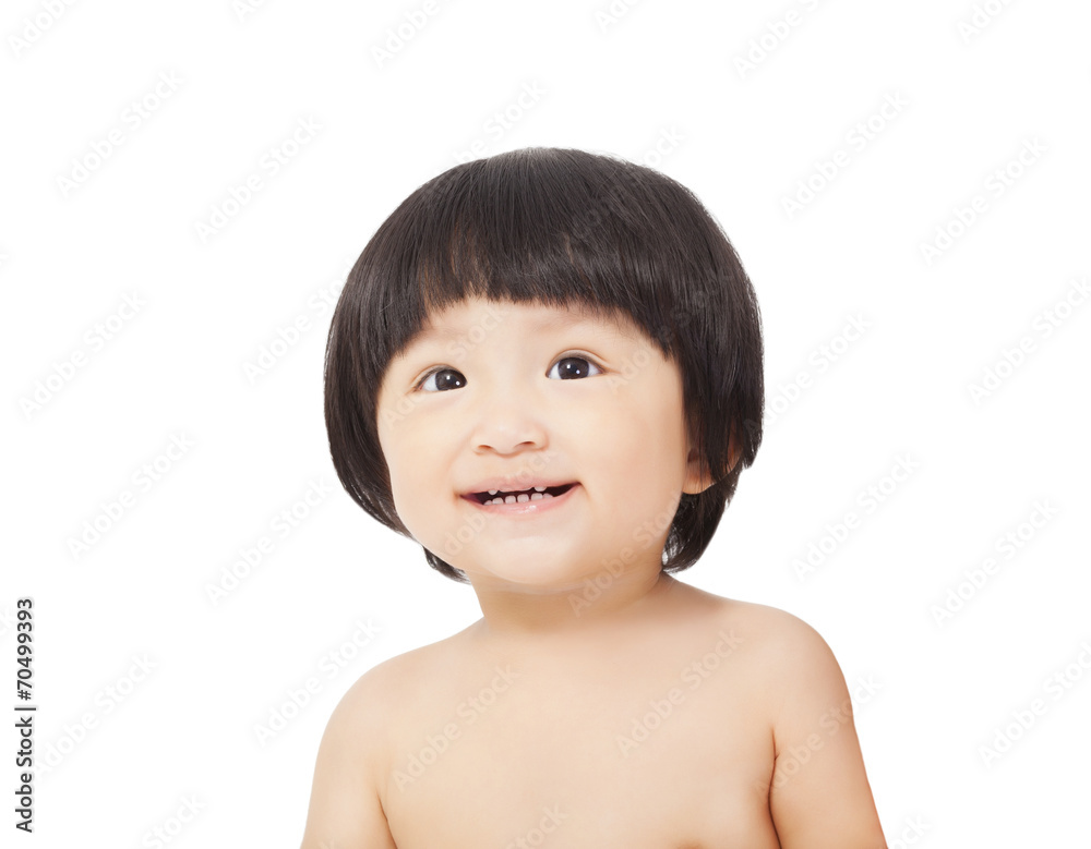 closeup of happy baby looking up. isolated on white background closeup of happy baby looking up. isolated on white background
