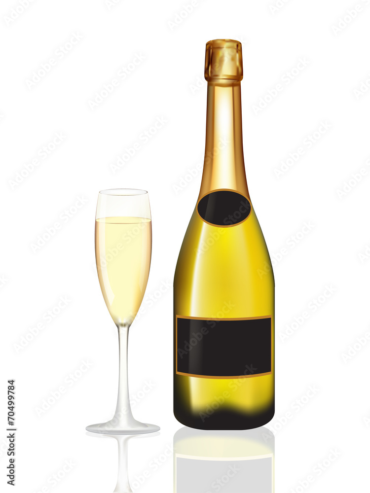 Champagne yellow bottle and champagne glass on white Champagne yellow bottle and champagne glass on white