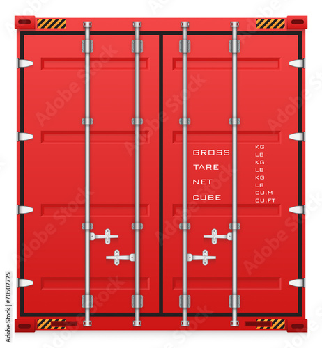 Cargo container vector isolated on white background. Metal box or equipment for storage at dock, port, warehouse. Freight transport by ship, crane, trailer truck for shipping, import export business.