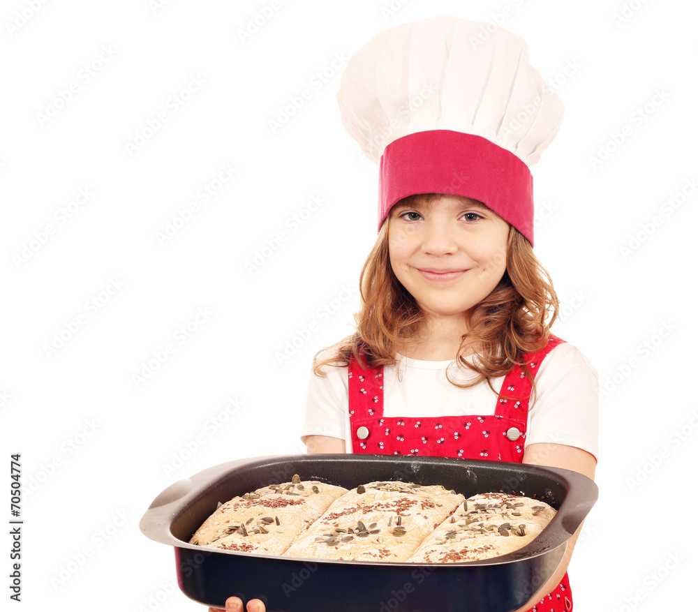 happy little girl cook hold plate with bread happy little girl cook hold plate with bread