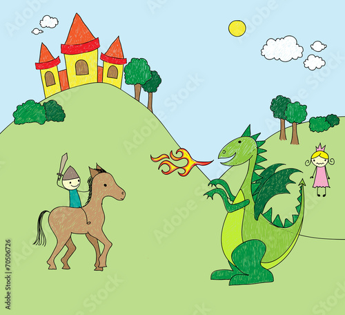 Kid's drawing style dragon scene