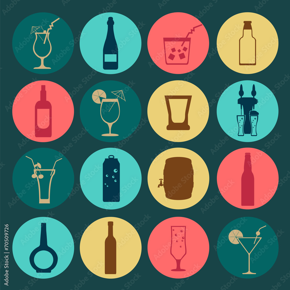 Alcohol drinks icons. 16 flat icons set Alcohol drinks icons. 16 flat icons set