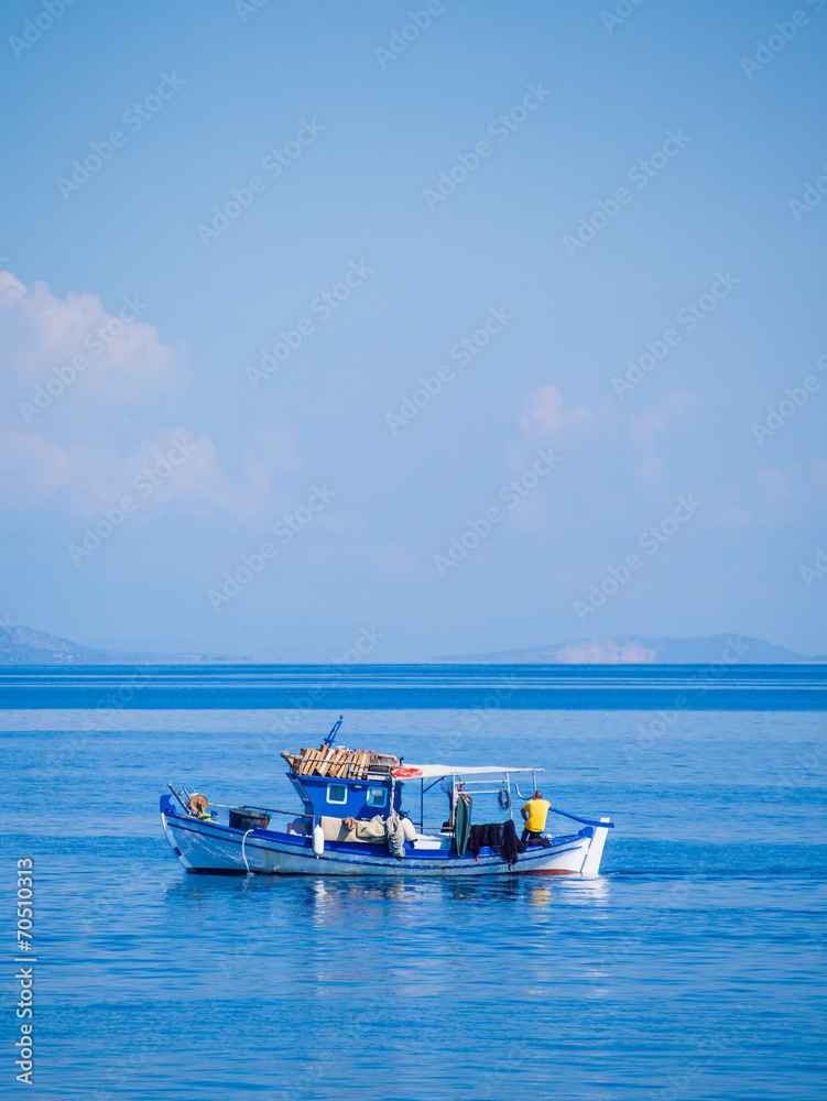 Santorini island Greece White Boat Santorini island Greece White Boat