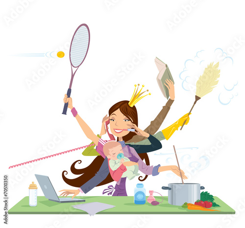 Busy woman doing many things at the same time