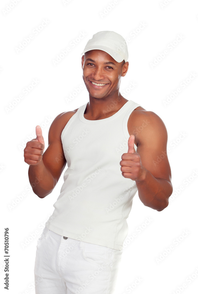 Handsome guy dressed in white saying Ok Handsome guy dressed in white saying Ok