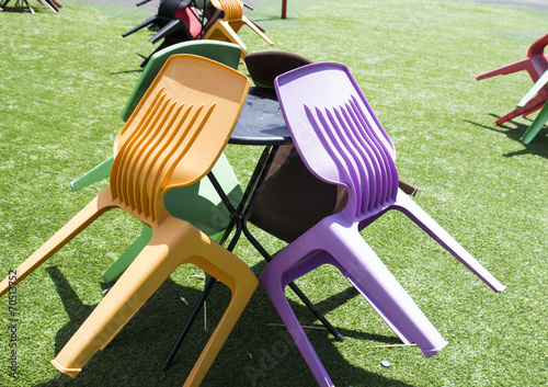 the colorful plastic chair and table