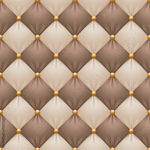 abstract brown sofa upholstery, seamless pattern, checkered quilt background, gold buttons