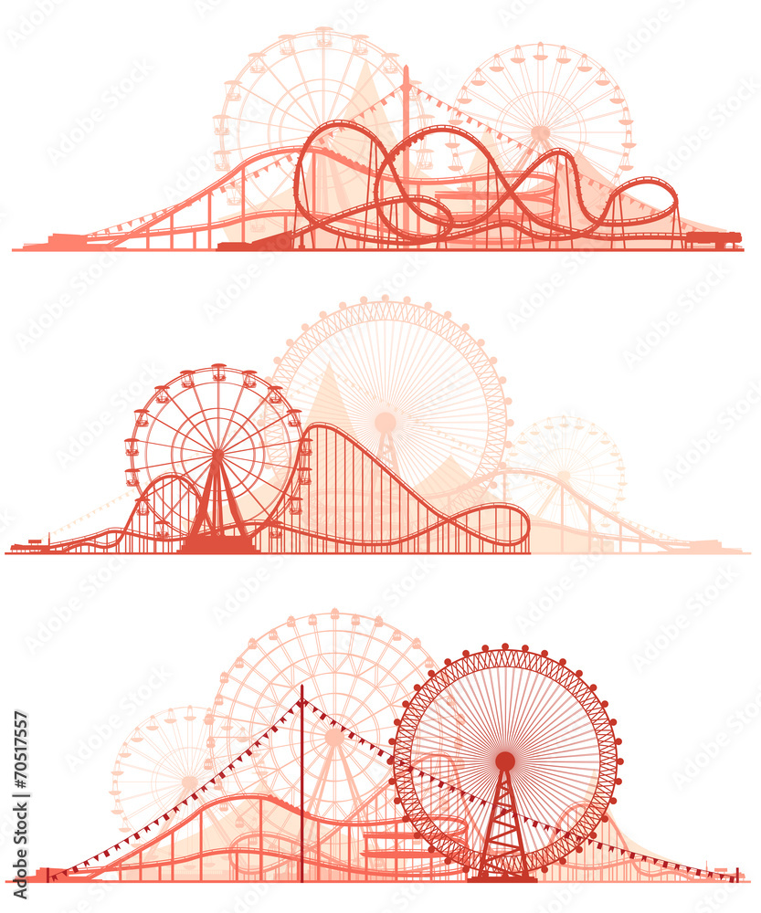 Horizontal lines of roller-coaster and Ferris Wheel. - obrazy, fototapety, plakaty 