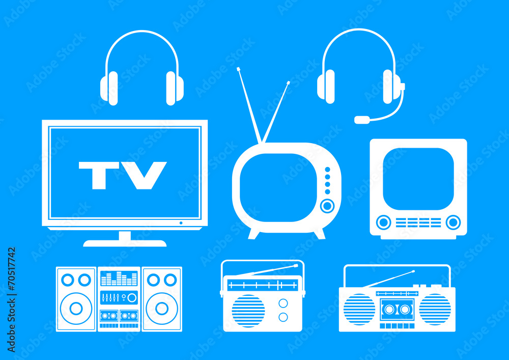 White audio and TV icons on blue background White audio and TV icons on blue background
