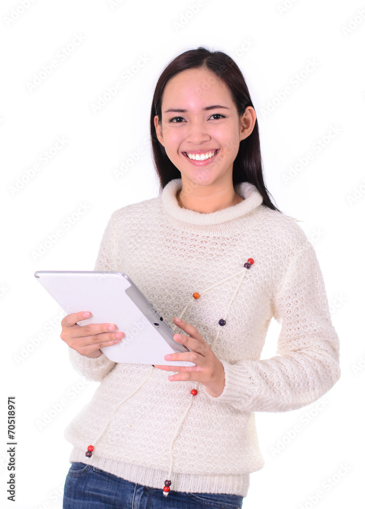 Asian woman student holding a computer tablet Isolated Asian woman student holding a computer tablet Isolated