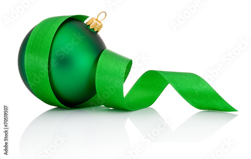 Green Christmas ball covered with curled ribbon Isolated on whit photo