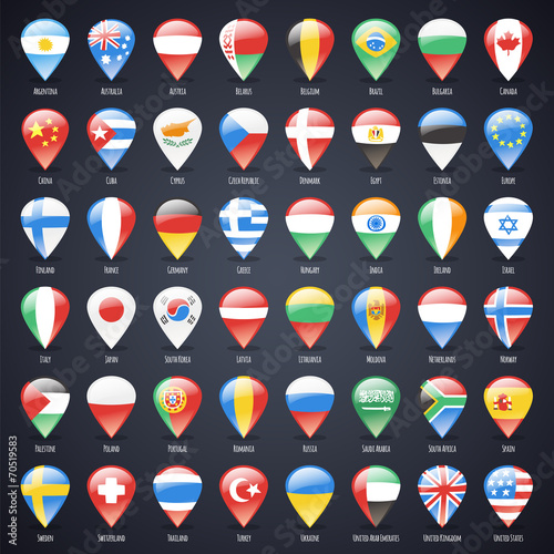 Set of Glass Map Pointers With World States Flags
