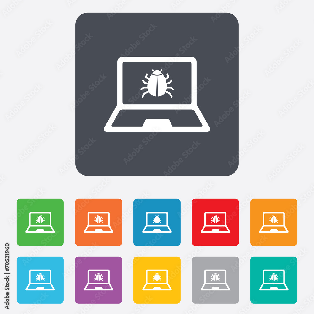 Laptop virus sign icon. Notebook software bug.