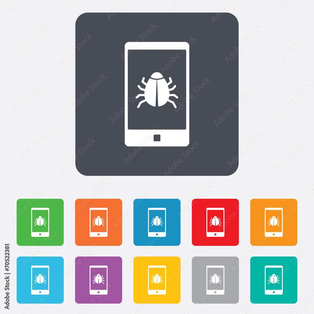 Smartphone virus sign icon. Software bug symbol. Smartphone virus sign icon. Software bug symbol.