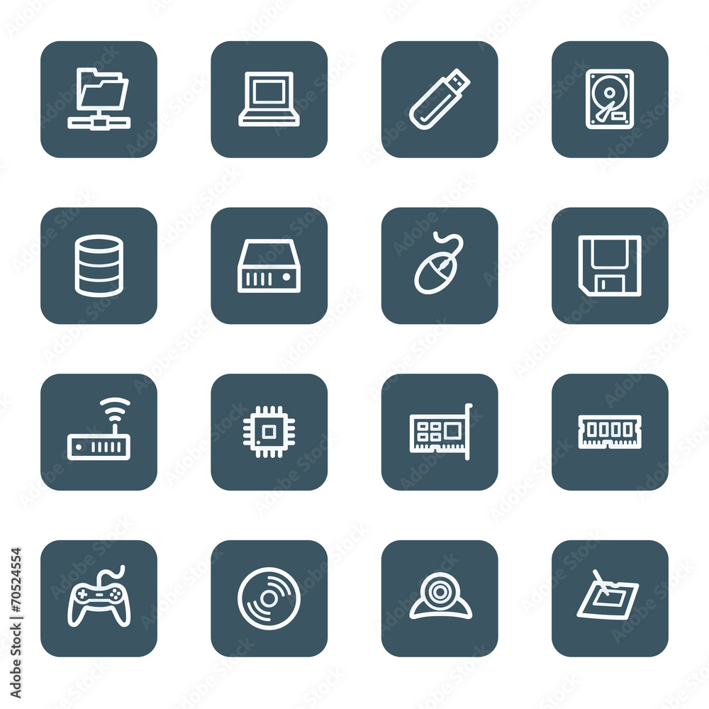 Computer components web icon set 1, navy square buttons