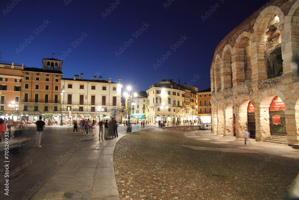 Italy, Veneto, Verona, Arena,Roman theater, Piazza Bra at dusk