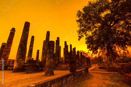Sukhothai historical park in the sunset, Thailand