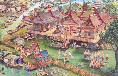 Traditional Thai mural painting on temple wall